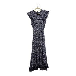 Rails Sofie Dress Sz L Navy MicroFloral Print Black Lace Frill Sleeve Midi Lined